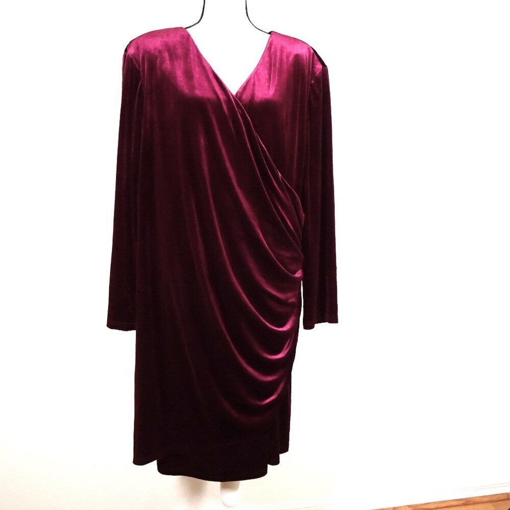 Alex Marie Velvet Dress Women’s Plus Size 24W Red Cocktail Surplice Rouched